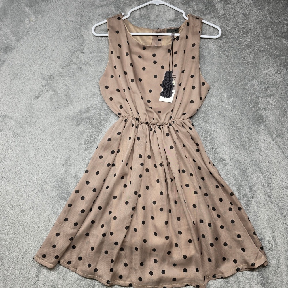 AnM Polka Dot Sleeveless Dress Womens M Beige Black Fit & Flare Buttons AS11-122
